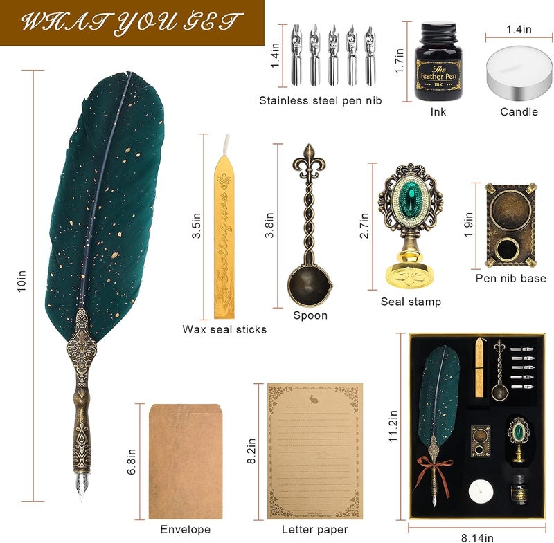 Anglekai Quill Pen and Ink Set, Calligraphy Feather Pen Set with Wax Seal Stamp, Ink, Replacement Nibs, Spoon, Envelope Letter Paper, White Wax, Antique Quills (Green) - Image 2